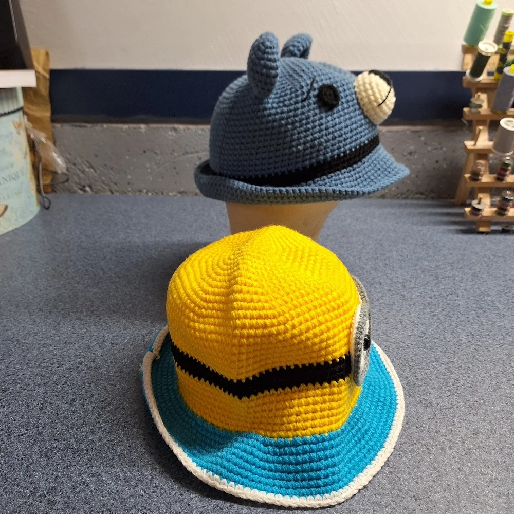 Hand Crocheted Bear & Minion Bucket Hats, Large, NWOT